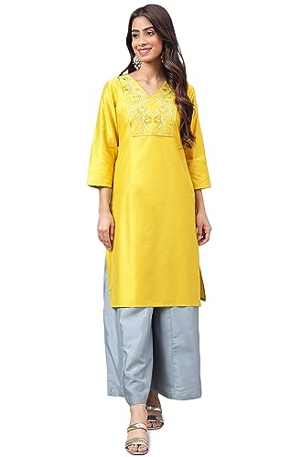 Janasya Women's Yellow Poly Silk Yoke Embroidered Straight Kurta(JNE4163-KR-M)