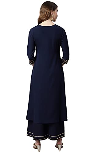 Janasya Women's Navy Blue Poly Crepe Ethnic Motifs Flared Kurta