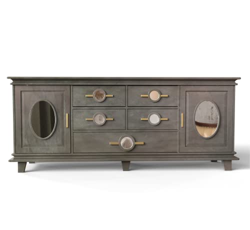 CORSICA DESIGNS | Modern Full-Size Sideboard with Mirror Accents | 100% Solid Mango Wood & HD Mirror | Bedroom, Dining Room & Living Room (E. Aged Grey, 2 Doors + 5 Drawers)