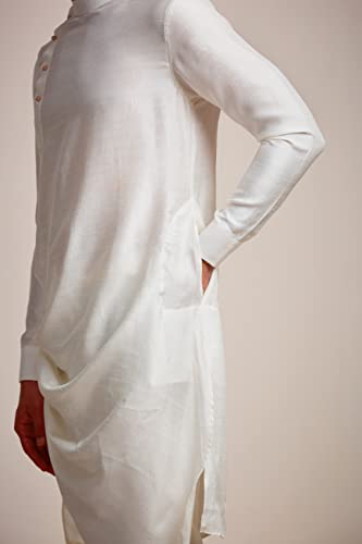 Manyavar White Art Silk Full Sleeve Kurta Set | Traditional Kurta Set For Men (M)