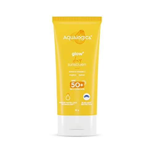Aqualogica Glow+ Dewy Lightweight & Hydrating Sunscreen with SPF 50+ & PA++++ for UVA/B & Blue Light Protection & No White Cast for Men & Women -Oily, Combination & Glowing Skin -80g
