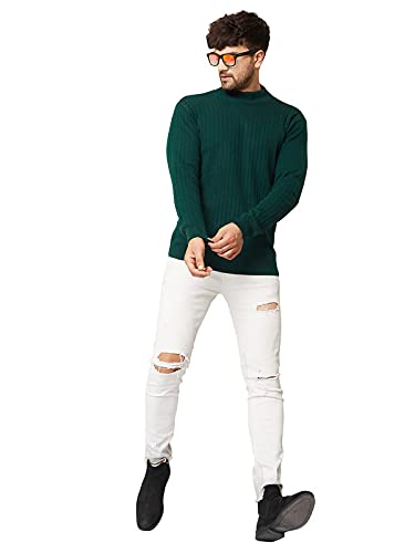 Kvetoo Men High Neck Full Sleeve Winter Woolen Sweater Bottle Green XL