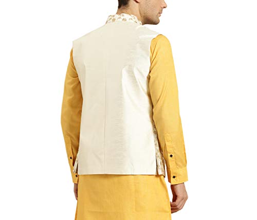 SOJANYA (Since 1958, Mens Silk Blend, Cream & Gold Embroidered Nehru Jacket, Size: 40