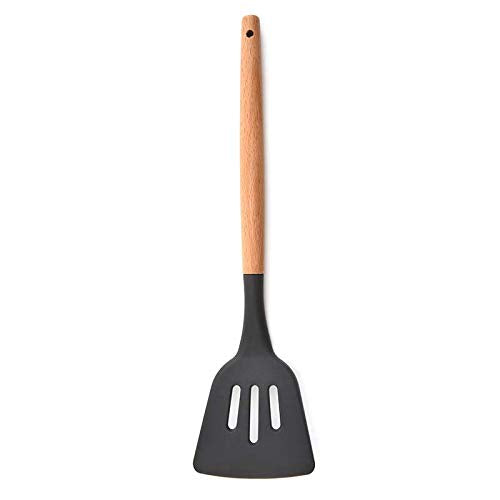 Spatlus Woodtula Silicone Slotted Spatula Turner,Heat Resistant up to 445°F, BPA Free, Food Grade Wooden Handle Nonstick Flipper for Fish, Eggs, Omelets 32 cm