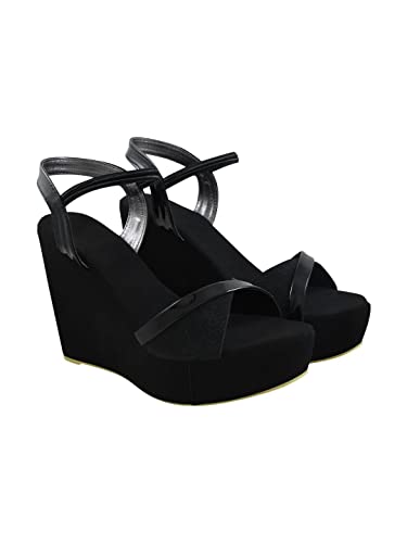 Shoetopia Women's & Girl's Black Solid Slingback Wedges