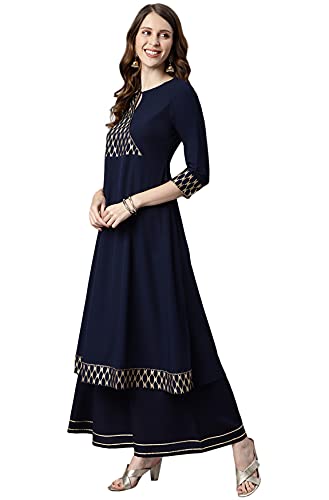 Janasya Women's Navy Blue Poly Crepe Ethnic Motifs Flared Kurta