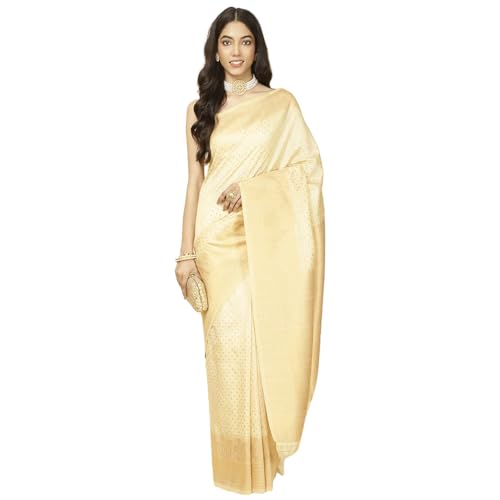 Meena Bazaar Zari Border Woven Booti Handloom Saree With Blouse (Beige)