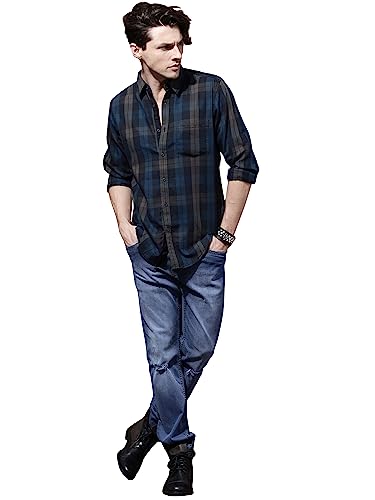 IndoPrimo Men's Classic Fit Checks Cotton Casual Shirt for Men Full Sleeves - Lexus (Large, Navy Blue)