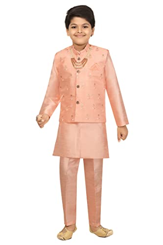 AHHAAAA Kids Ethnic Cotton Silk Blend Nehru Modi Jacket Kurta & Pyjama Set for Boys 475 (8-9 Yrs, Pink)