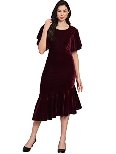 Vaararo Bodycon Party Midi Dress For Women | Shiny Velvet Fabric Fish Cut Ruffle Bottom Detailing Stylish Casual Outfit Wine X-Large