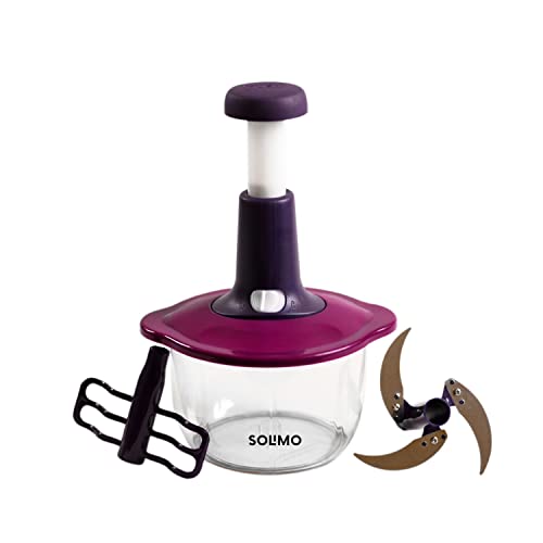 Amazon Brand - Solimo Manual Press Fruit & Vegetable Chopper, with 3 Stainless Steel Blades, 1 Whisker, Food-Grade Unbreakable Plastic Container, Anti-Slip Base, and Locking System, 1400 ml, Purple