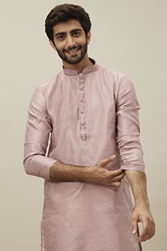 Manyavar Kurta Set For Men, Full Sleeves Mandarin Collar Ethnic Kurta & Payjama Set Art Silk All Over Self Design Set (DUSTY PINK, L)