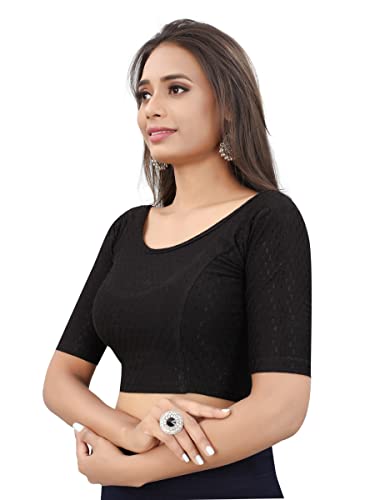 SAGIBO Round Neck Dobby Cotton Lycra Stretchable Elbow Sleeve Readymade Saree Blouse for Women Stylish