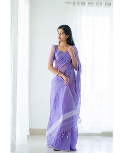 SGF11 Women's Kanjivaram Soft Cotton Linen Silk Saree With Blouse Piece (Lavender)