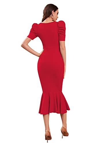 TESSAVEGAS Women's Puff MIDI Bodycon Dress (M, Red)