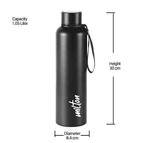 Milton Aura 1000 Thermosteel Bottle, 1.05 Litre, Black | 24 Hours Hot and Cold | Easy to Carry | Rust & Leak Proof | Tea | Coffee | Office| Gym | Home | Kitchen | Hiking | Trekking | Travel Bottle