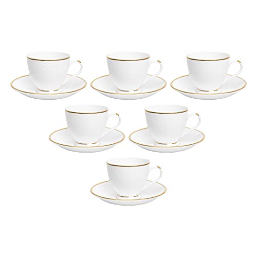 Femora Indian Ceramic Gold Line Diamond Cut Dinnerware White Tea Cups, Mugs and Saucer-200 ml - Set of 6 (6 Cups, 6 Saucer)