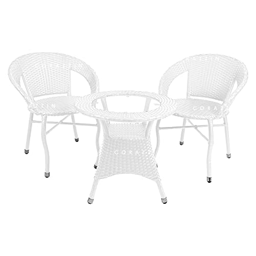 CORAZZIN Garden Patio Seating Chair and Table Set with Glass Balcony Outdoor Furniture with 1 Tables and 2 Chair Set (White)