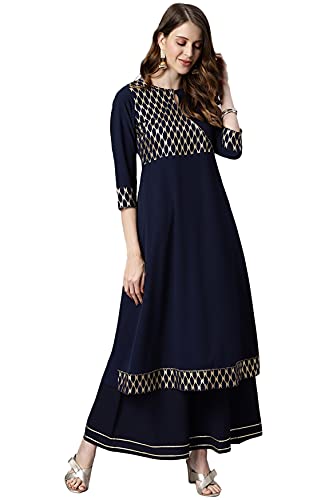 Janasya Women's Navy Blue Poly Crepe Ethnic Motifs Flared Kurta