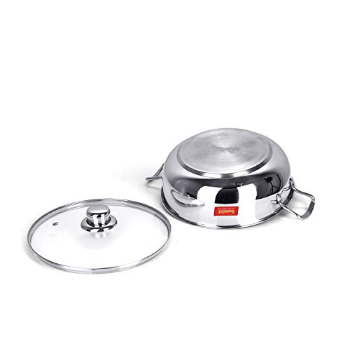 Sumeet Stainless Steel kadhai with Glass lid 1.5 litres Capacity 20.5 x 20.5 x 6.6 Centimeters 2 Piece (Induction and Gas Stove Friendly)