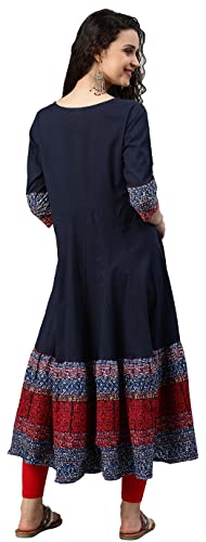 Yash Gallery Women's Cotton Embroidered Anarkali Kurta for Women (Large, Blue)