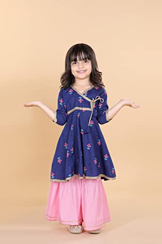 Adiva Kids Floral Printed Angrakha Kurta Sharara Set For Girls (G-1049-BLUE-18)