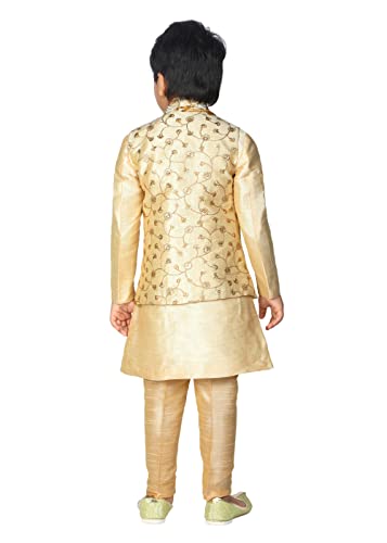 AHHAAAA Kids Indian Ethnic Banarasi Silk Kurta Pyjama and Waistcoat Set for Boys_GOLD410-8 Gold