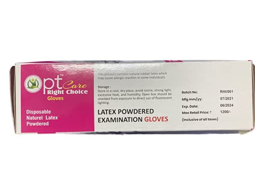 PTcare Latex Examination Hand Gloves, Pack of 100, Large Size, Medical Disposable Gloves Non-Sterile and Less Powdered, White,Unisex, Surgical Gloves for Hospital, Clinic, Sanitary & Kitchen,Latex Gloves