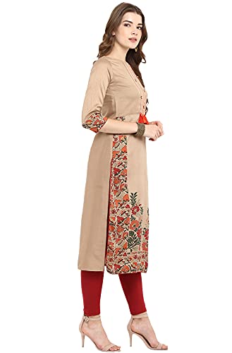 Janasya Women's Beige Poly Silk Floral Print Straight Kurta(JNE2305-KR-533-XL)