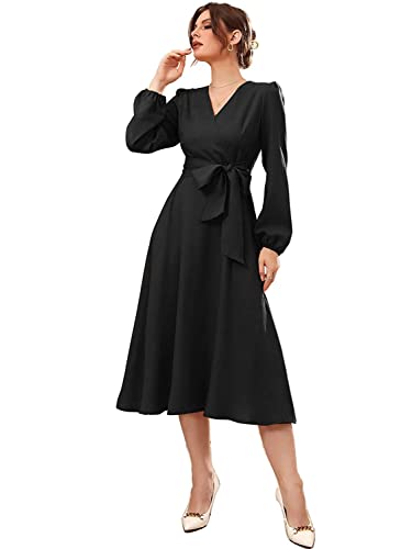 Istyle Can Dress for Women Solid Belted Wrap Dress with Bishop Sleeves Surplice Neck High Waist & Flared Hem Midi Dress for Women | Dresses for Women Long Dresses for Women (Large, Black)