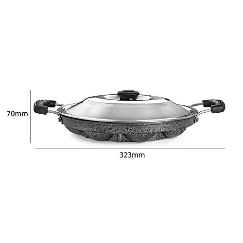 Tosaa Aluminium 12 Cavity Appam Patra Paniyarakkal Two Side Handle with Steel lid & Wooden Picker, ( 23 cm, Black)