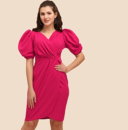 SHEETAL ASSOCIATES Women's Puff Sleeve V-Neck Bodycon Casual Mini Dress Hot Pink