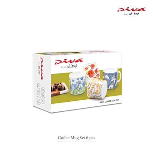 La Opala Diva, Opal Glass Coffee Mug Set Cylinder Regular 6 pcs, Golden Fall, White, Standard