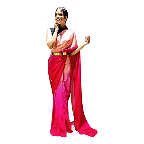 Shiv Textiles Women's Plain Polyester Readymade Saree With Golden Belt Or Unstitched Blouse Piece (St-R-1-Pink_Pink)