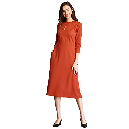 FableStreet Women's Polyester A Line Midi Dress with Pintucks - Rust (DR356RUST-S)