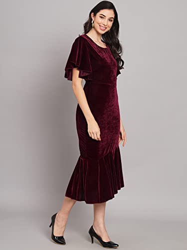 Vaararo Bodycon Party Midi Dress For Women | Shiny Velvet Fabric Fish Cut Ruffle Bottom Detailing Stylish Casual Outfit Wine X-Large