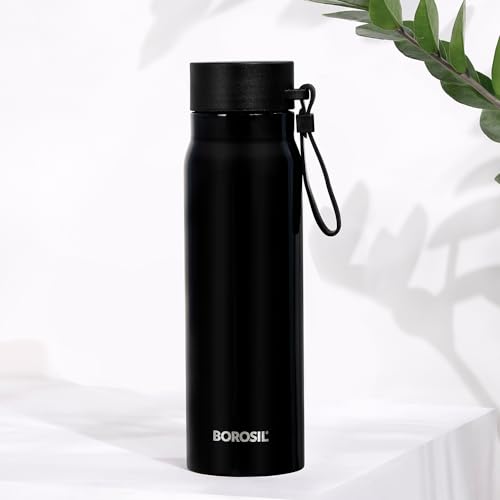 Borosil Hydra Bliss 500 ml Stainless Steel Vacuum Insulated Water Bottle, 13 hrs Hot & 12 Hrs Cold Thermos Flask, Leak Proof, Wide Mouth & Strap, for Home, Office, Sports, School & Outdoor uses, Black