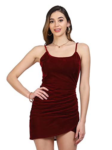 SIRIL Women's Solid Stretchable Bodycon Velvet Dress (294TKA156-S) Maroon