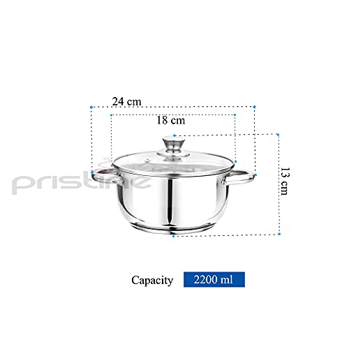 Pristine Stainless Steel Tri Ply Induction Base Cook n Serve Casserole with Glass Lid, 18cm, (2.25L, Silver)