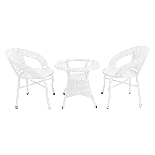 CORAZZIN Garden Patio Seating Chair and Table Set with Glass Balcony Outdoor Furniture with 1 Tables and 2 Chair Set (White)