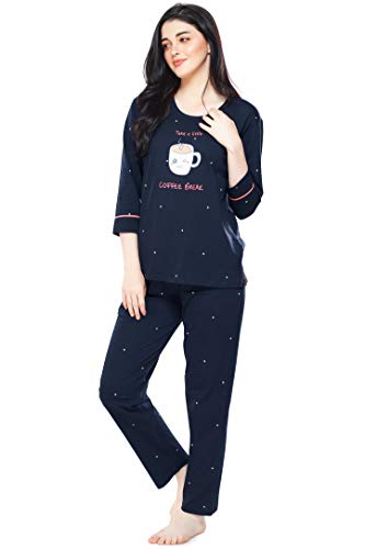 ZEYO Women's Cotton Dot Printed Navy Blue Night Suit Set of Top & Pyjama 5281