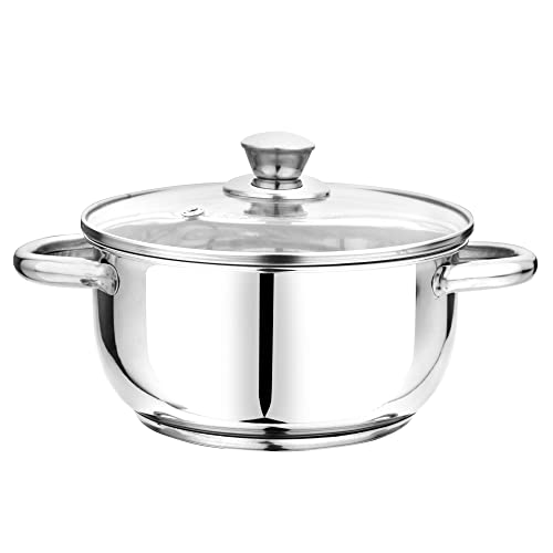 Pristine Stainless Steel Tri Ply Induction Base Cook n Serve Casserole with Glass Lid, 18cm, (2.25L, Silver)