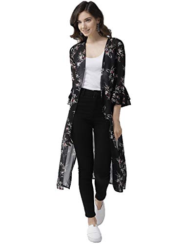 Wisstler Women's Black Georgette Floral Print Asymmetric Neck Long Shrug (Black and Cream , X-Large)