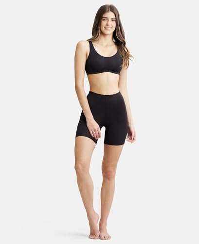 Jockey 1529 Women's High Coverage Super Combed Cotton Elastane Stretch Mid Waist Shorties with Concealed Waistband_Black_XXL