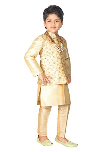 AHHAAAA Kids Indian Ethnic Banarasi Silk Kurta Pyjama and Waistcoat Set for Boys_GOLD410-8 Gold