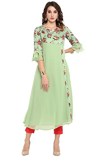 Janasya Women's Light Green Poly Crepe Floral Print A-line Kurta(JNE3368-KR-XL)