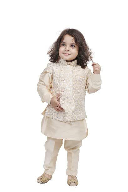 AJ DEZINES Kids Cotton Silk Embroidered Zari 3Pc Kurta Pyjama Set For Boys (518-BEIGE-6)