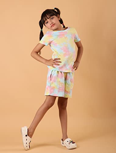 Tweeny Mini Girls Kids Cotton Co-ord Night Suit | Sleepwear | Nightwear | Tie & Dye Summer Loungewear with Top and Shorts for Kids Girl (Pure Cotton) - (Muilticolor)_10 Years-11Years Multicolour