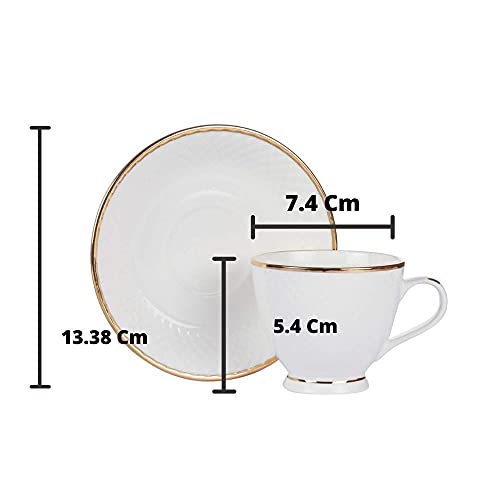 Femora Indian Ceramic Gold Line Diamond Cut Dinnerware White Tea Cups, Mugs and Saucer-200 ml - Set of 6 (6 Cups, 6 Saucer)