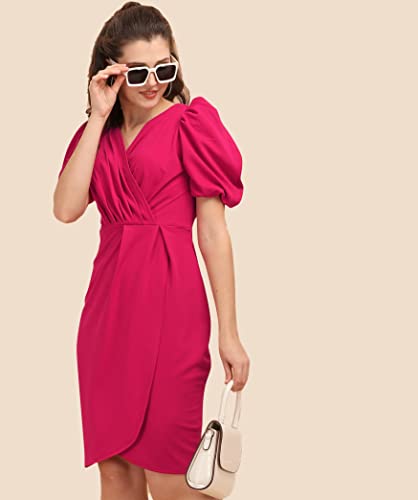 SHEETAL ASSOCIATES Women's Puff Sleeve V-Neck Bodycon Casual Mini Dress Hot Pink